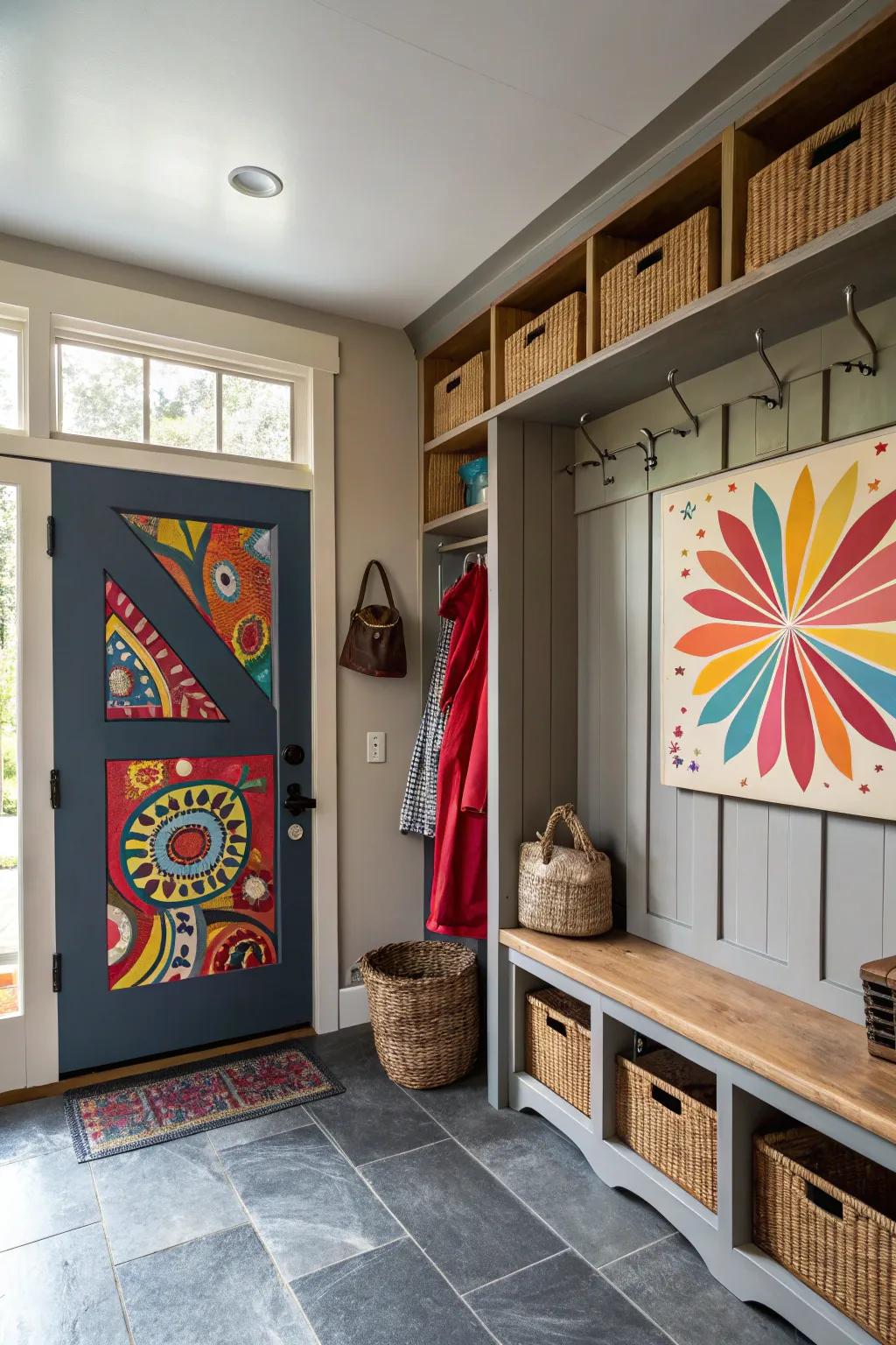 Splashes of color inject vibrancy into the modern mudroom.
