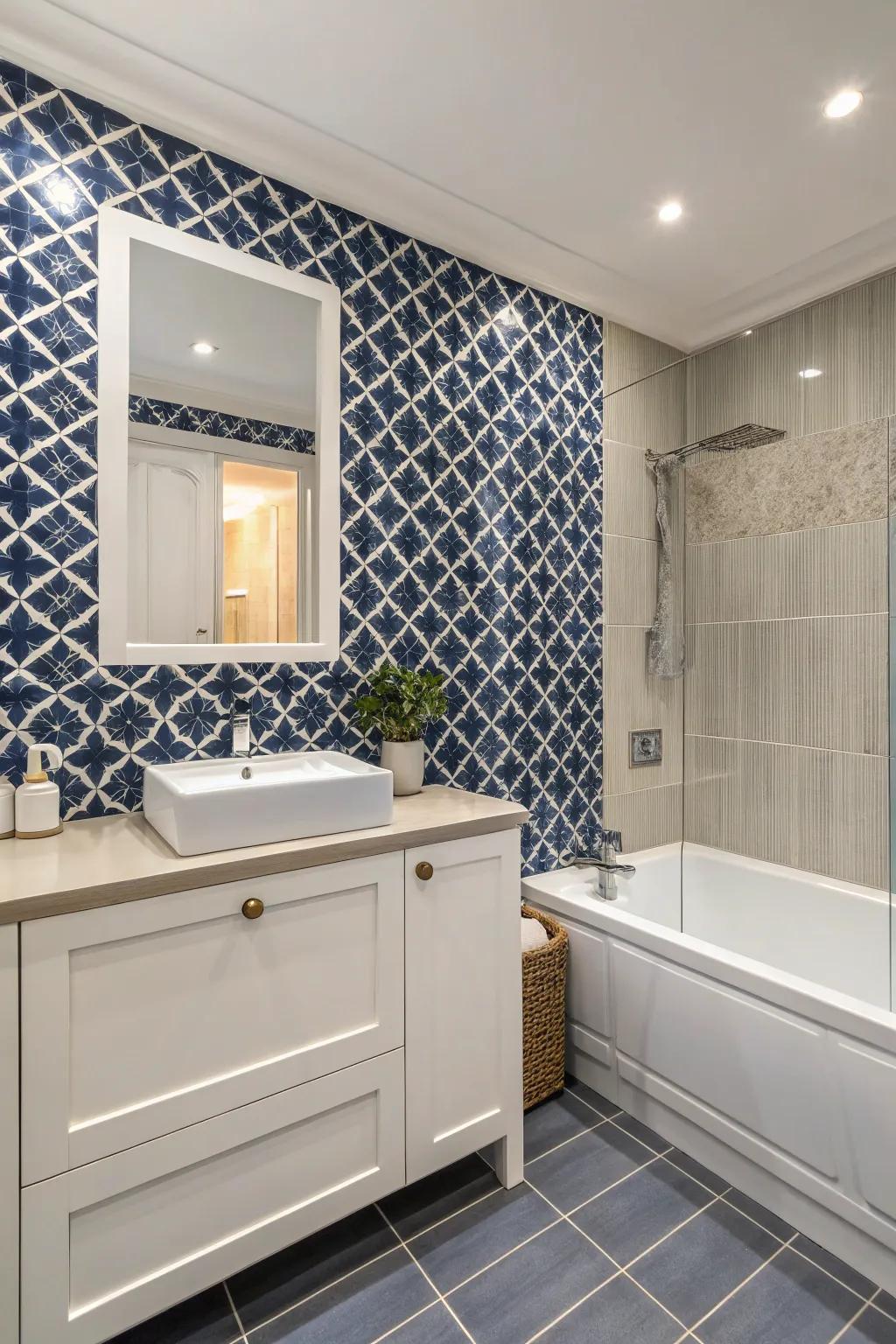 Mosaic tiles forge an artistic focal point in the bathroom.