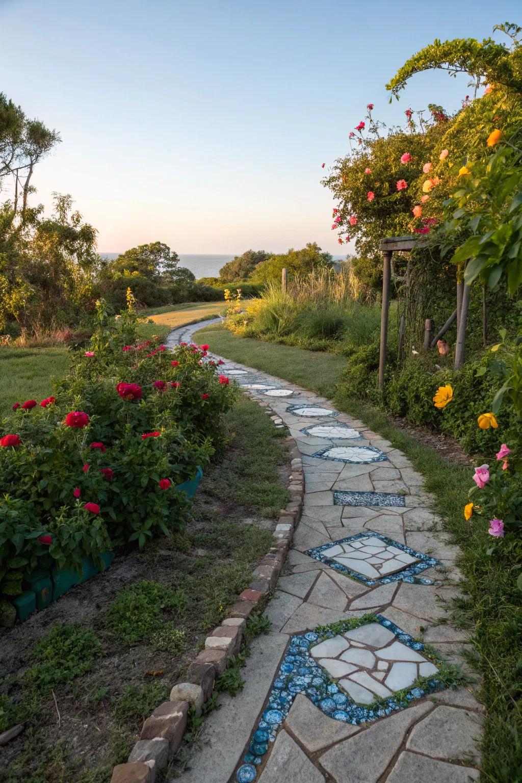 A garden walkway employing uncommon resources for a contemporary and unique aesthetic.