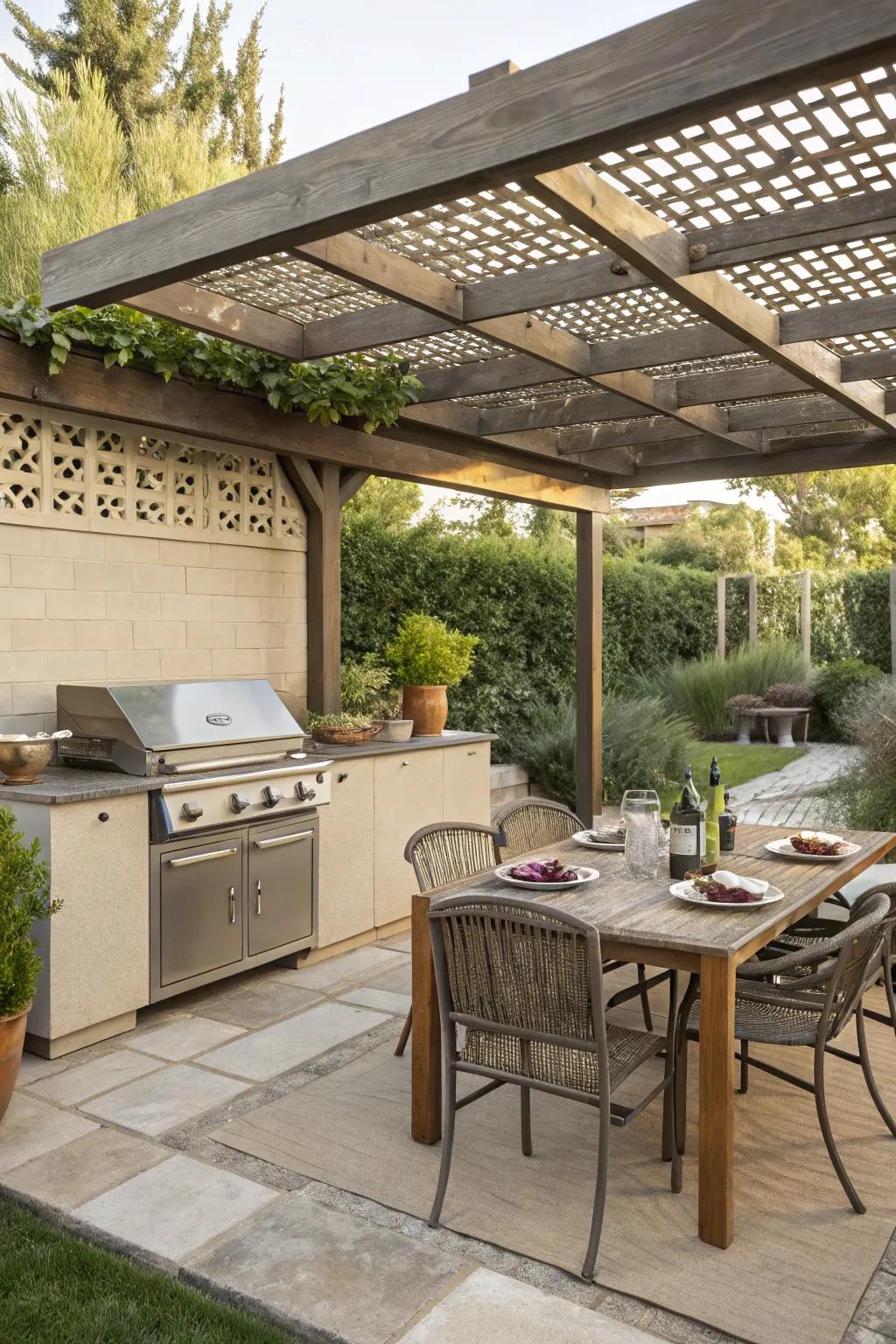 Pergola demarcating separate culinary and dining zones.