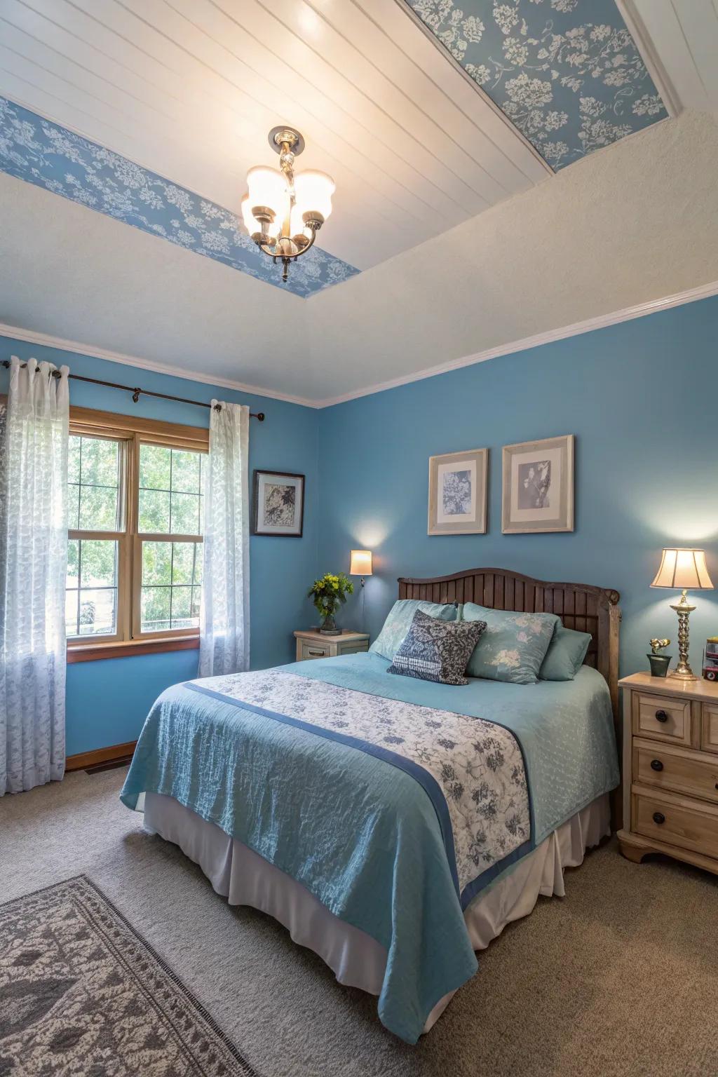 A light blue ceiling adds an unexpected element and openness to the area.