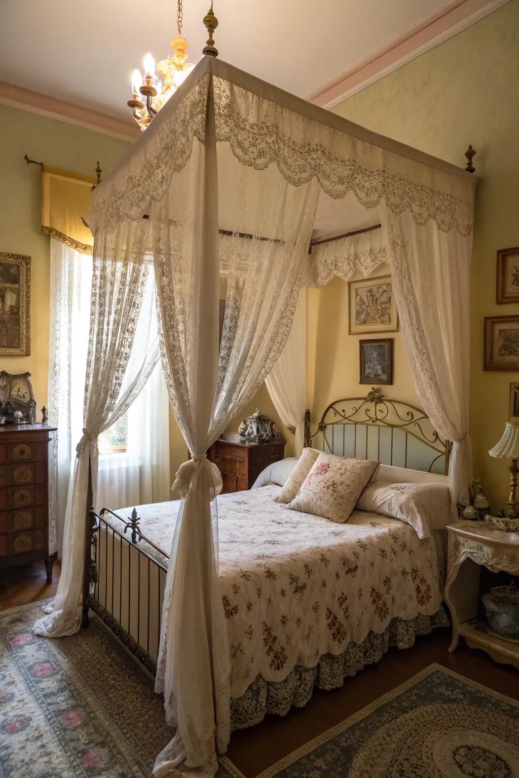 Lace accents contribute a delicate and sentimental touch to a shabby chic bedroom.