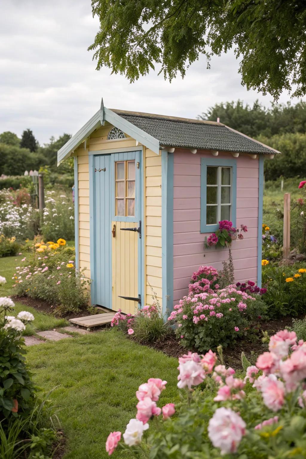 A light shade-colored shed that evokes a fairy-tale charm.