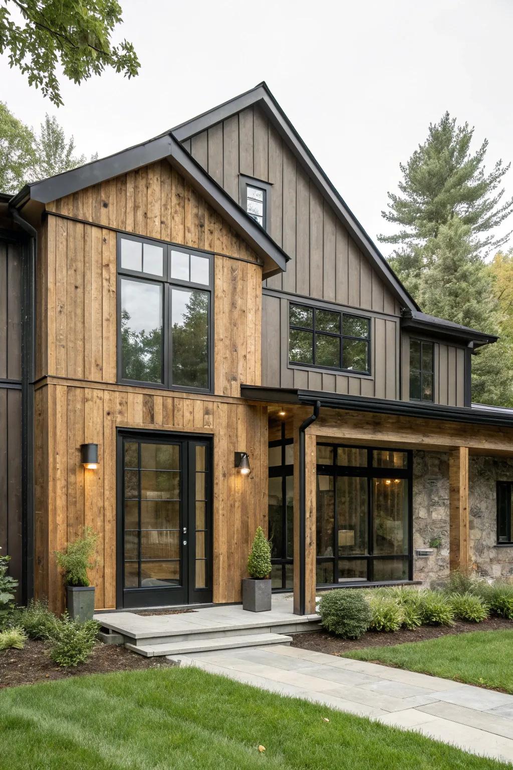 Batten detailing bridges rustic and modern aesthetics.