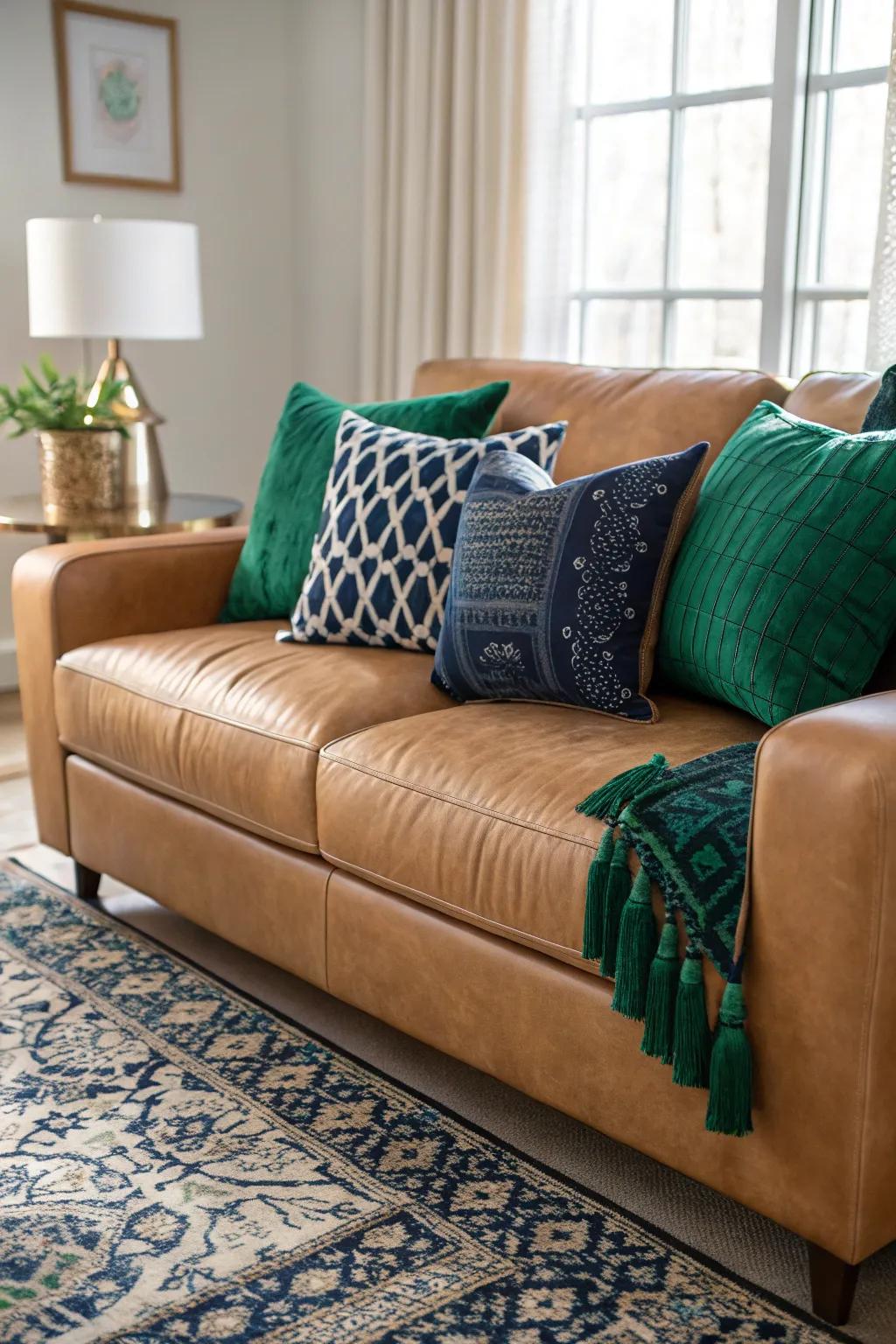 Striking shades incorporate profundity to a tawny hide couch.