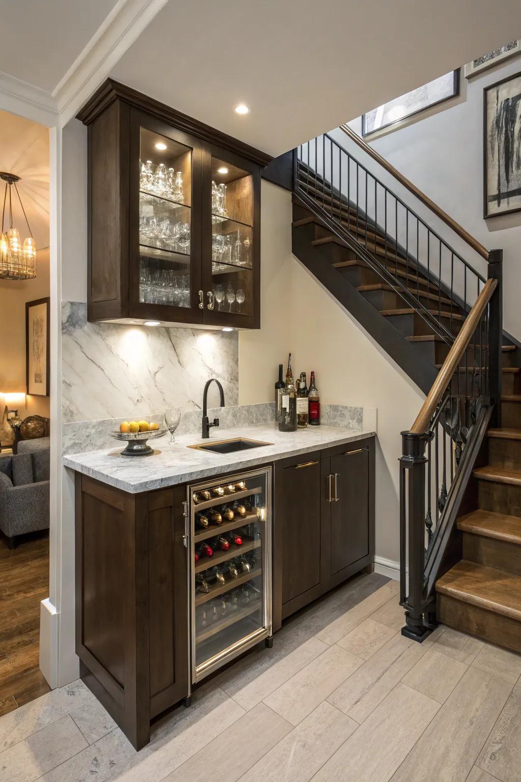 Beneath-the-staircase wet bars creatively optimize area.