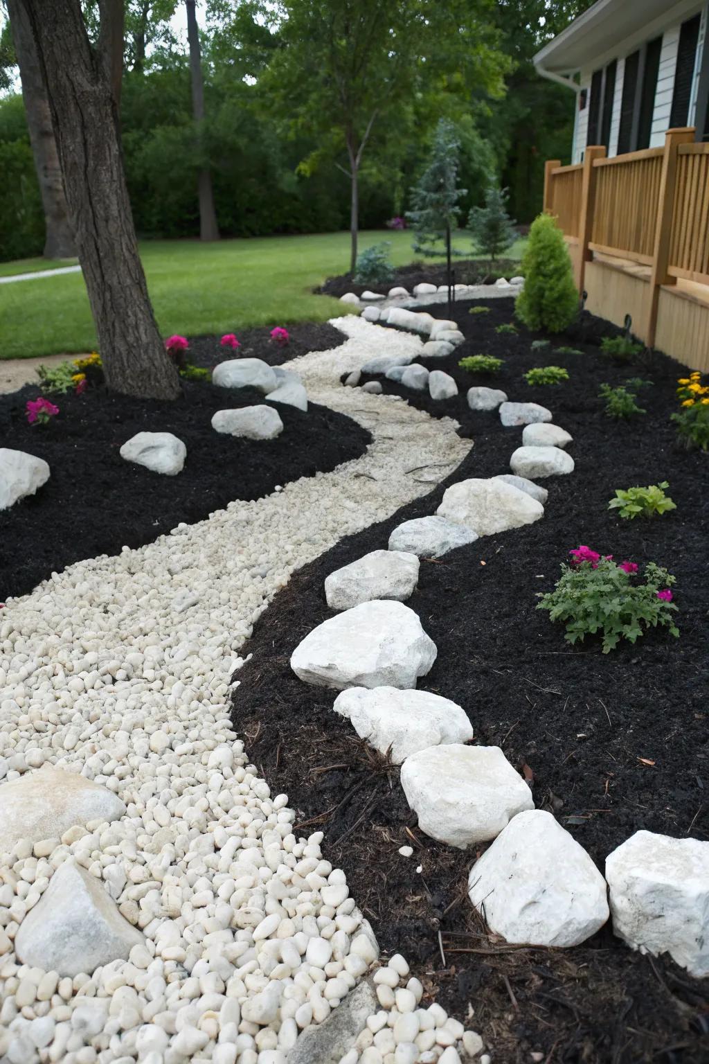 A garden featuring a striking contrast of pale stones against ebony compost, enhancing visual enticement.