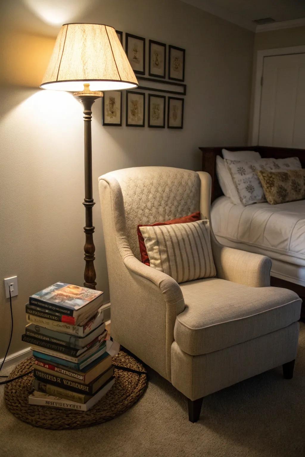 Gently lit corners with stylish upright lamps.