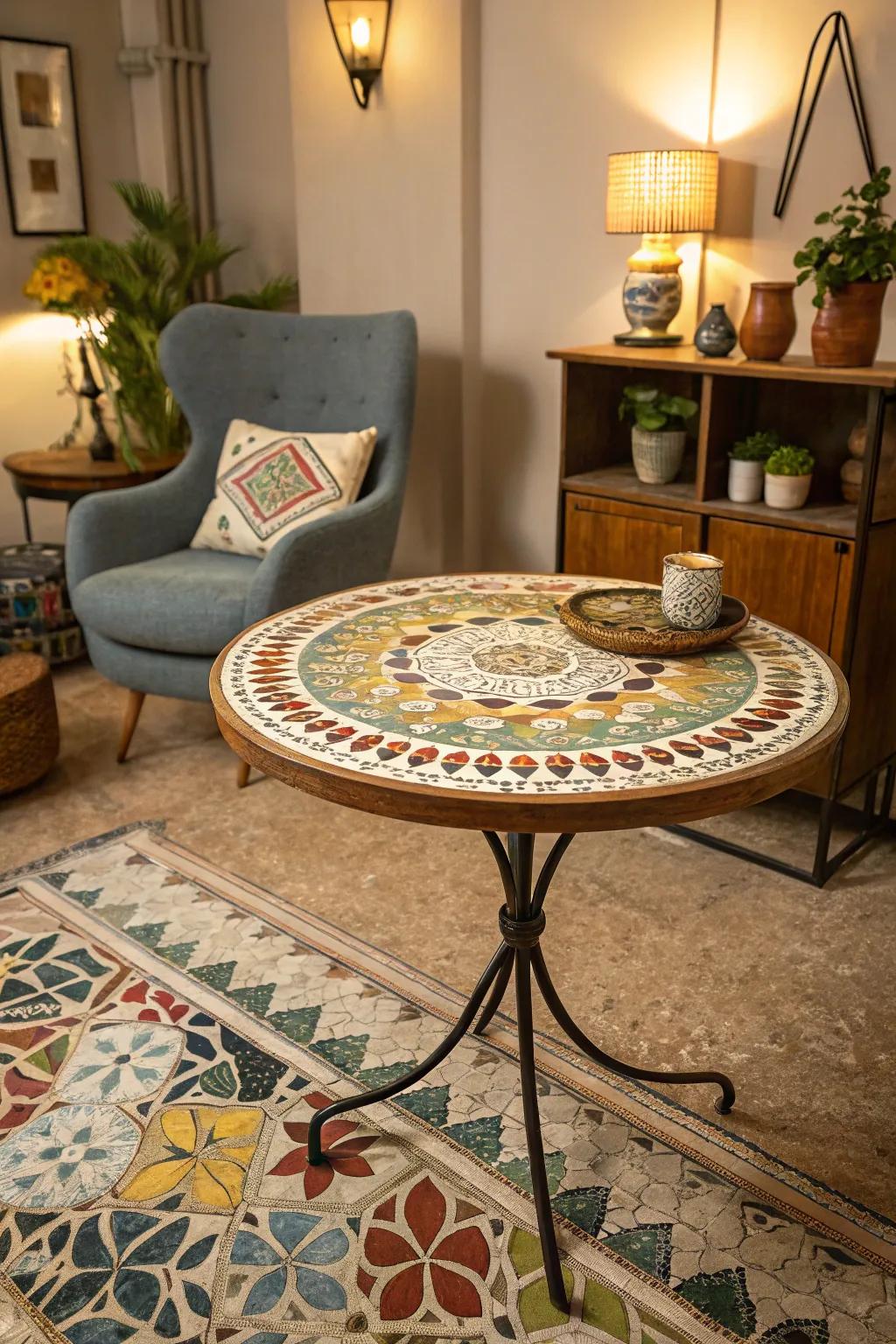 Vintage tiles impart ageless charisma to mosaic table designs.