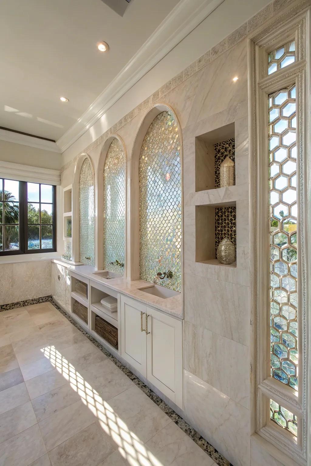 Ornamental recesses lined with mother of pearl tiles introduce both style and practicality.