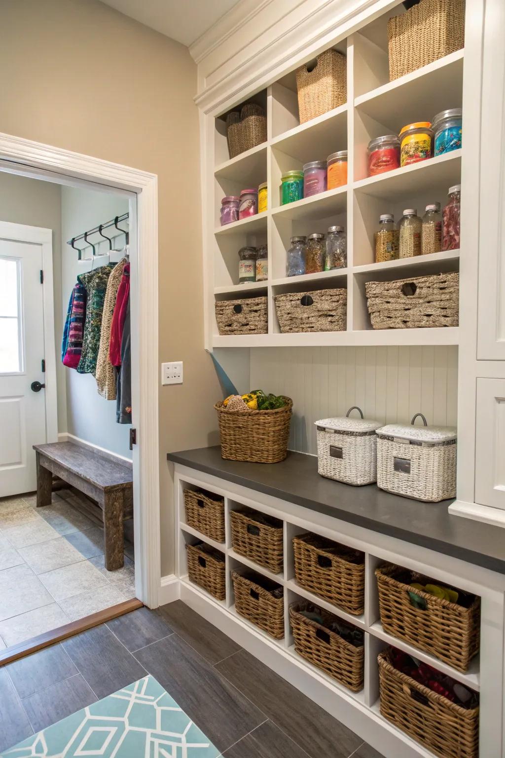 Open shelving provides both visibility and ease of access for everyday items.