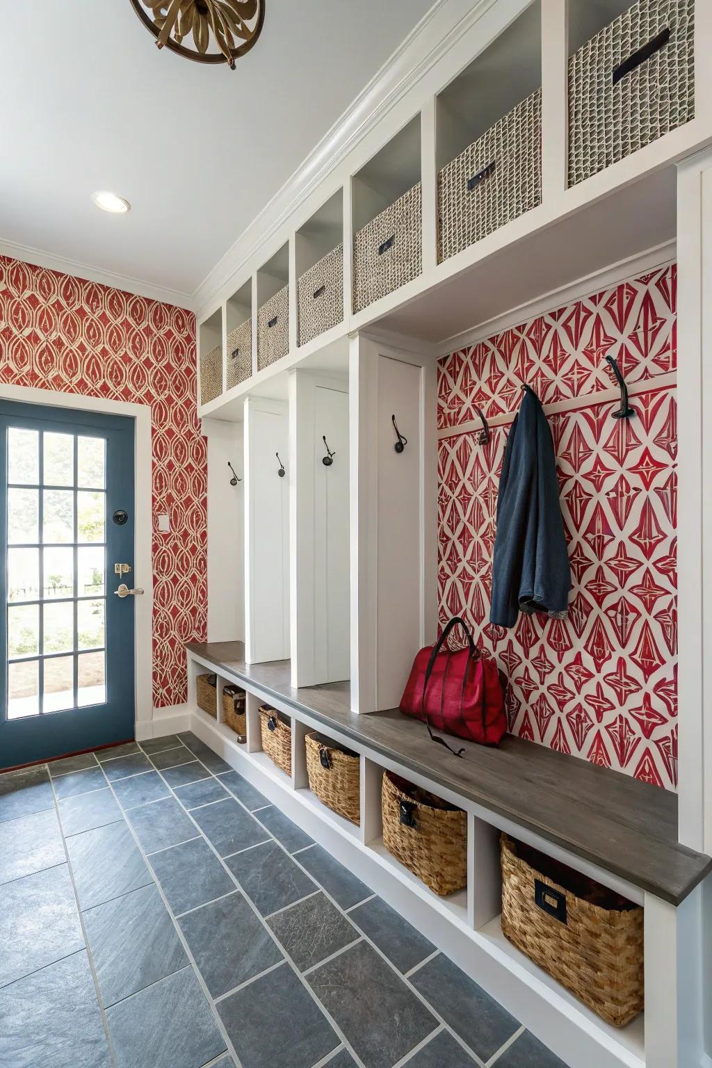 Mudroom featuring daring patterned wallpaper.