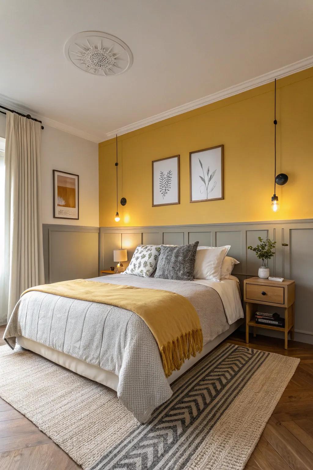 A sleeping chamber showcasing dual-tone partitions in amber and subdued gray.