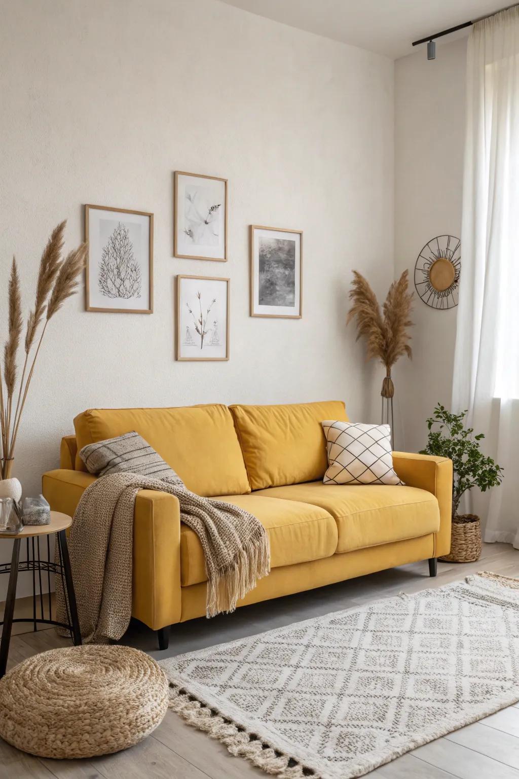 Minimalism highlights the boldness of the mustard sofa.