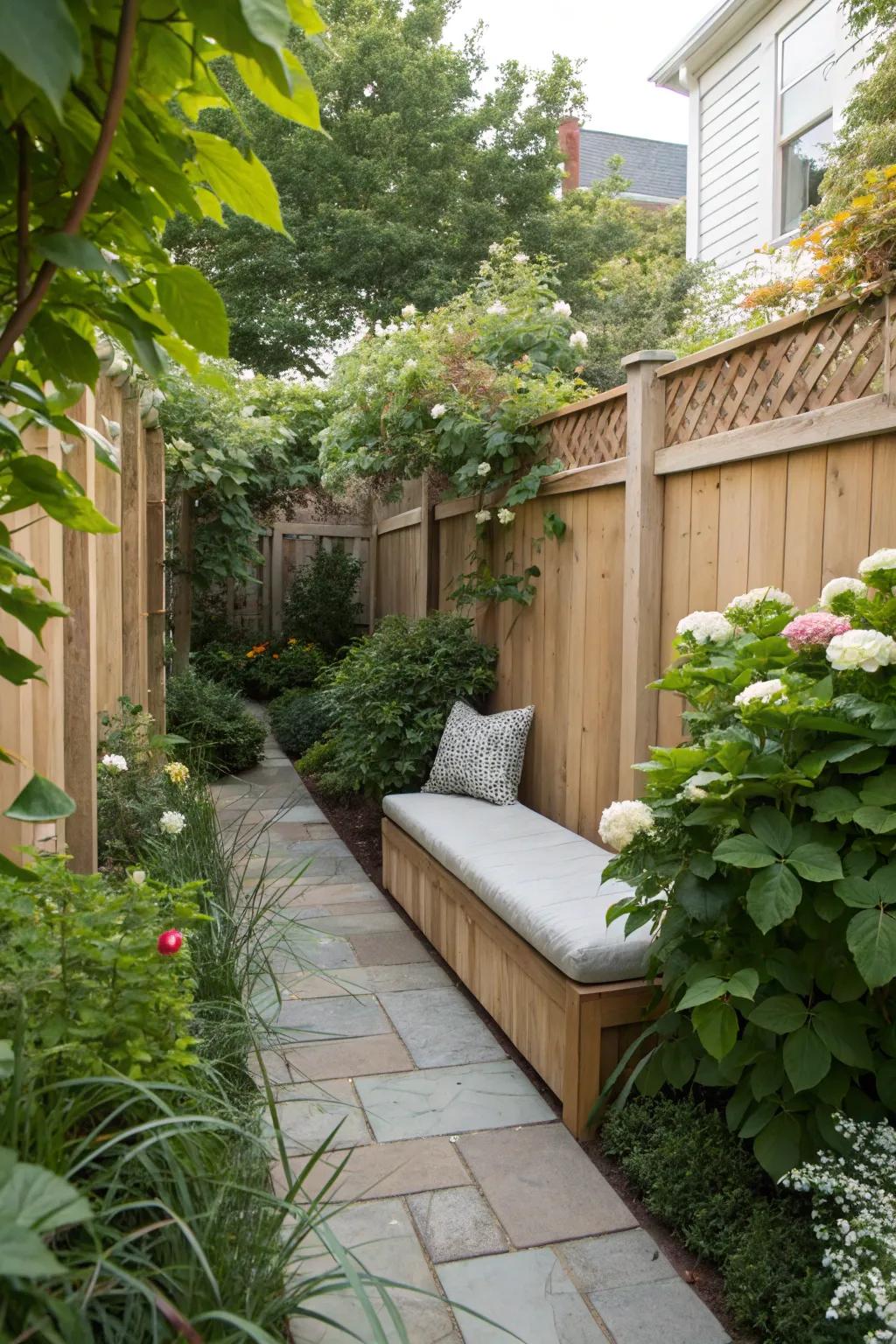 Multi-functional furnishings maximize dimension in a narrow garden.