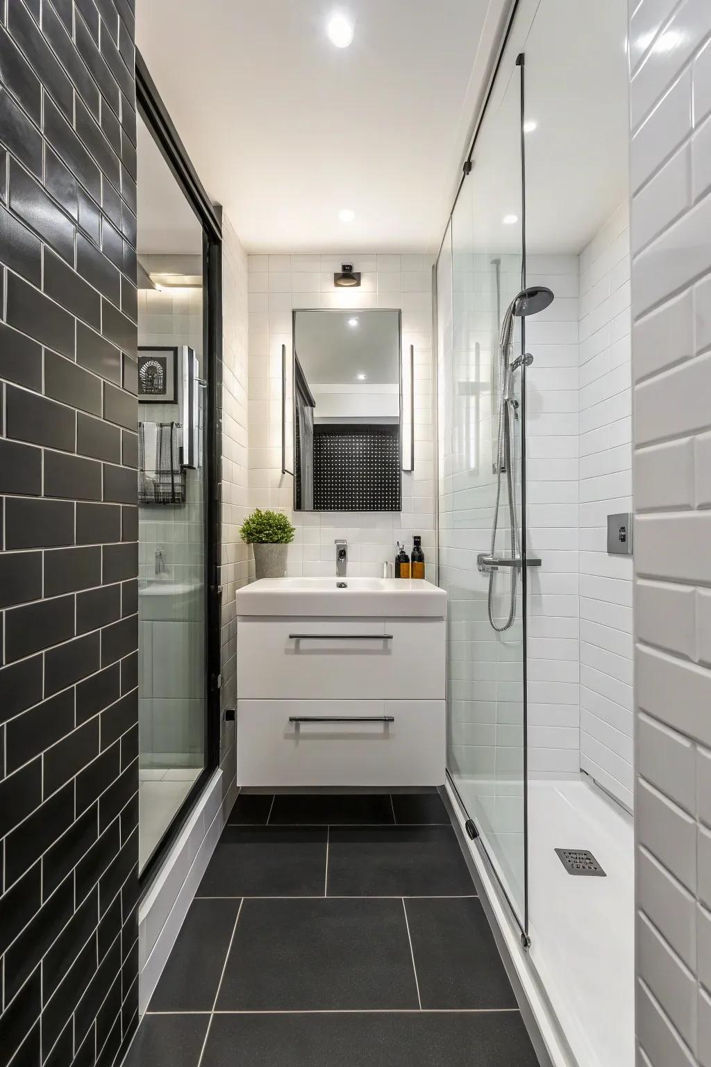 Opposing hues impart refinement and extensiveness to narrow bathrooms.