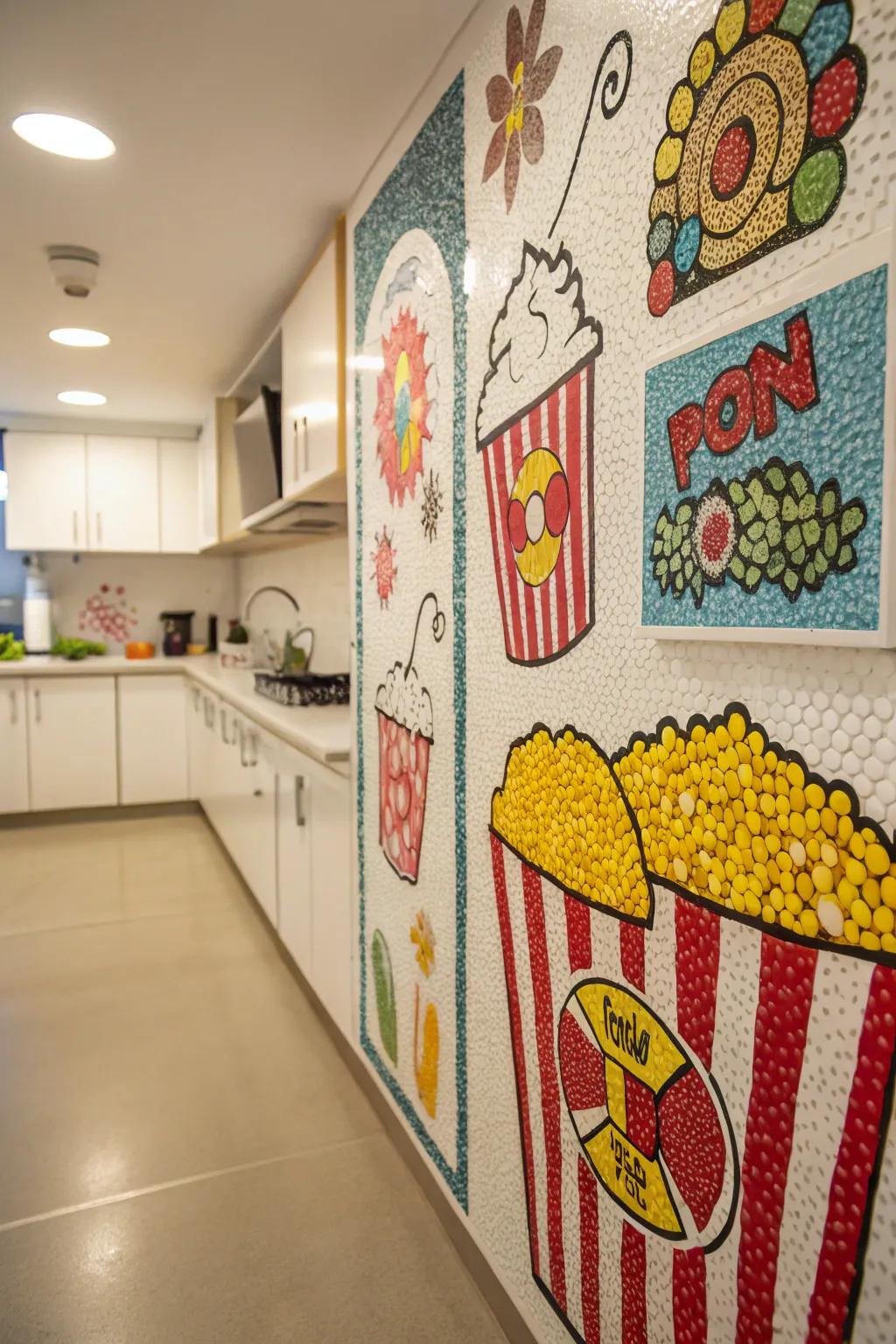 Colorful popcorn artwork adding a splash of creativity to the kitchen.