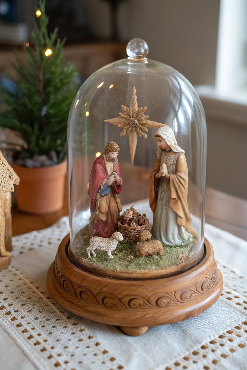An elegant glass cloche elevates the nativity scene.