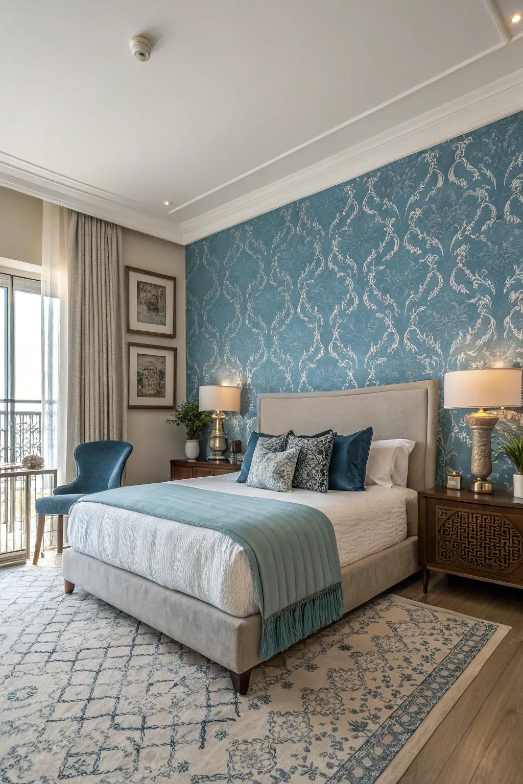 A blue wallpaper feature wall adds personality and depth to this bedroom.