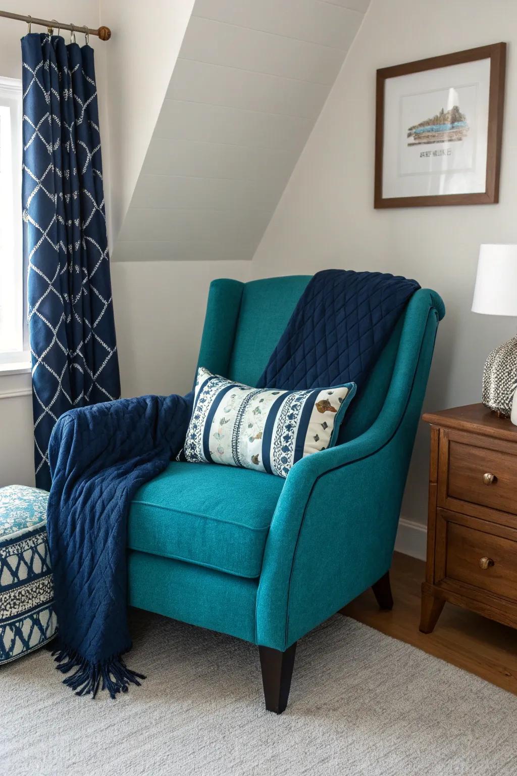 A teal chair acts as a vibrant focal point and functional seating.