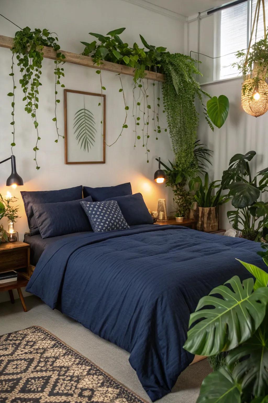 With dark blue bedding and rich vegetation, you may revitalize your space.