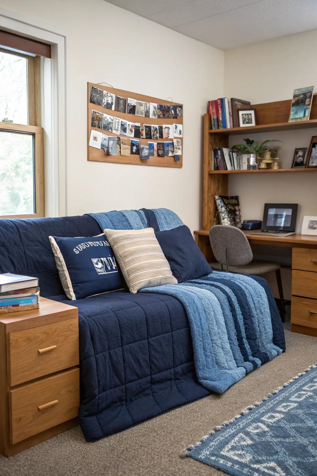 Stratify textures for a snug and inviting seating expanse.