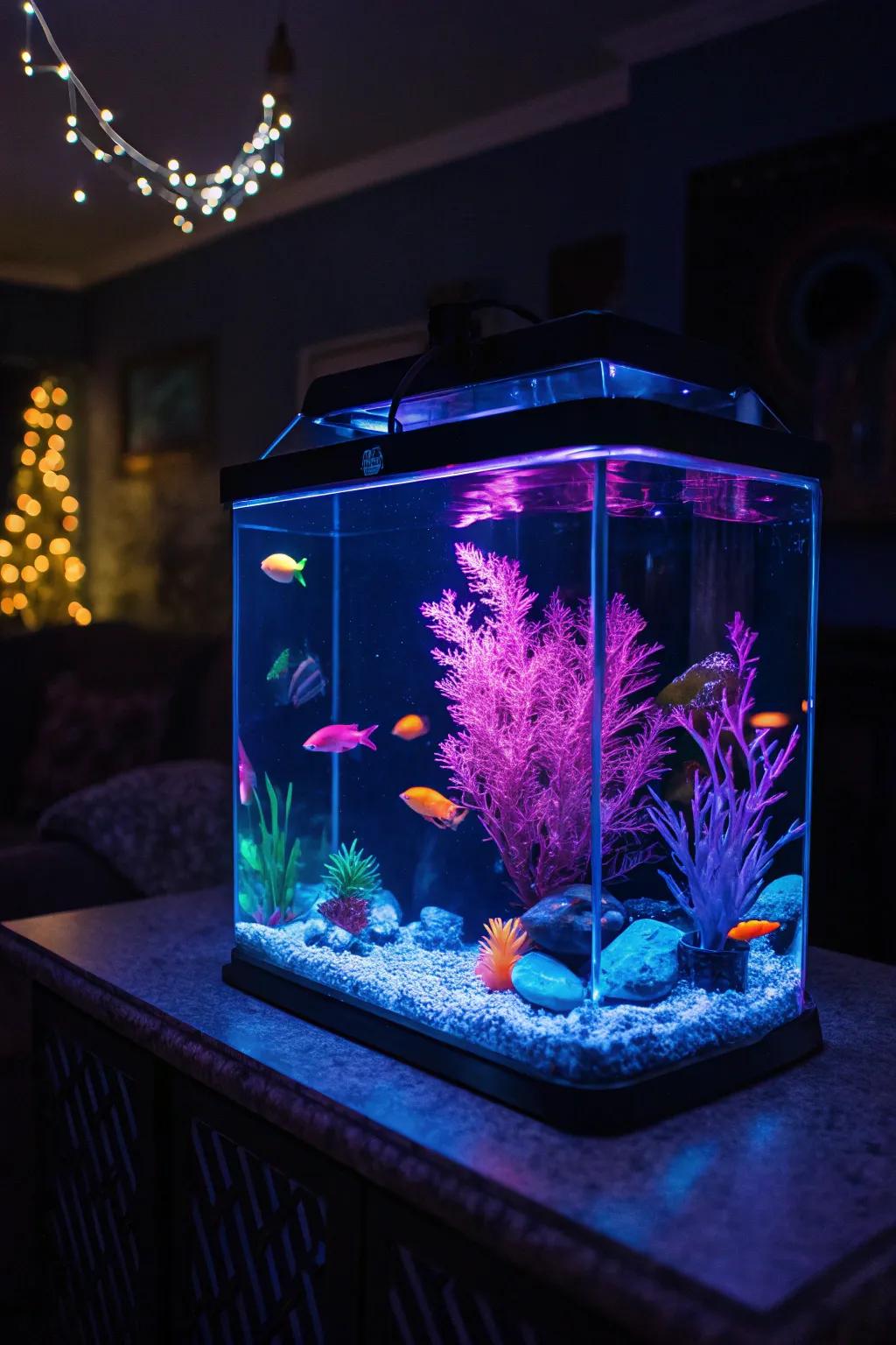 Black light intensifies the glowing consequence of this fluorescent aquarium.