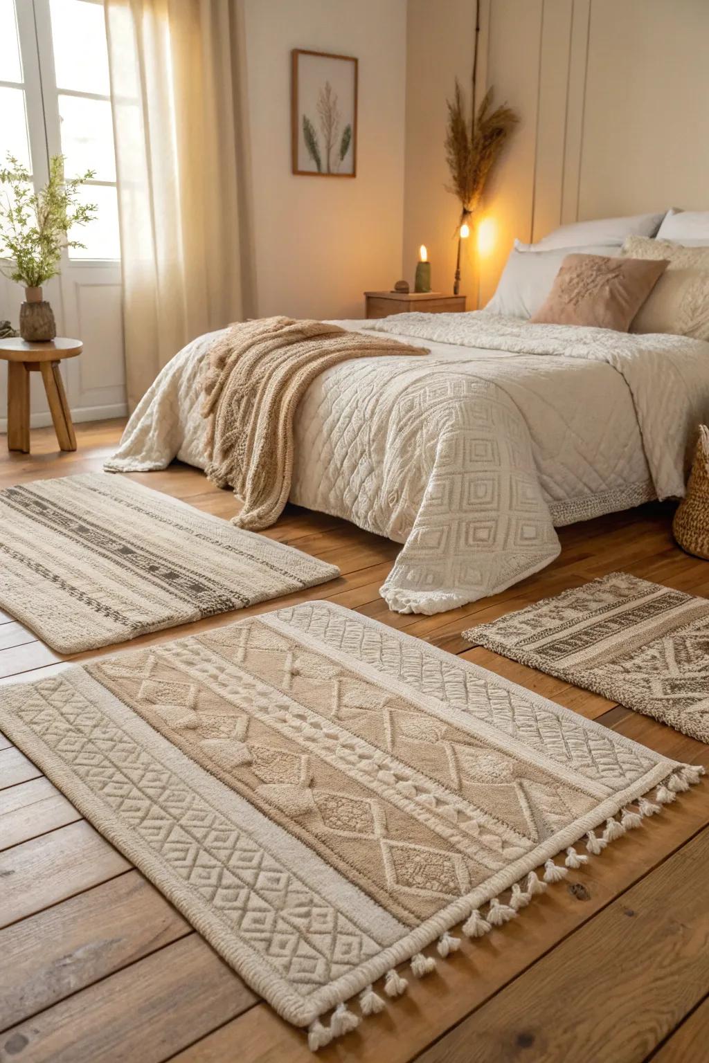 Layered ground covers improve warmth in a neutral bedroom.