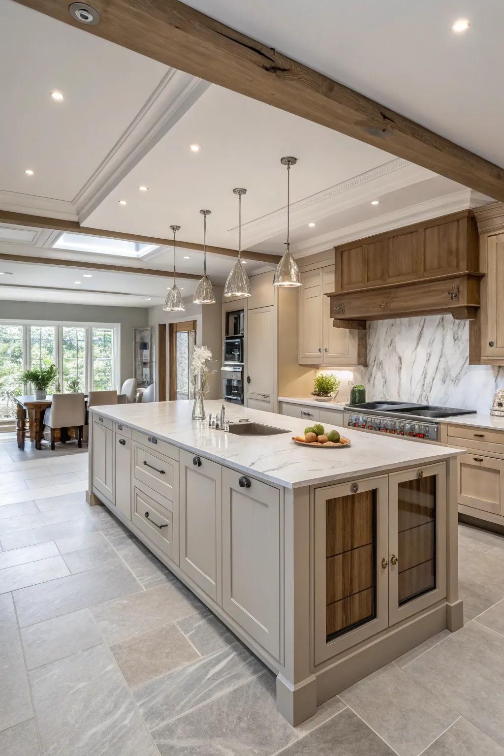 An unrestricted design enhances the expansive impression of a neutral cooking area.
