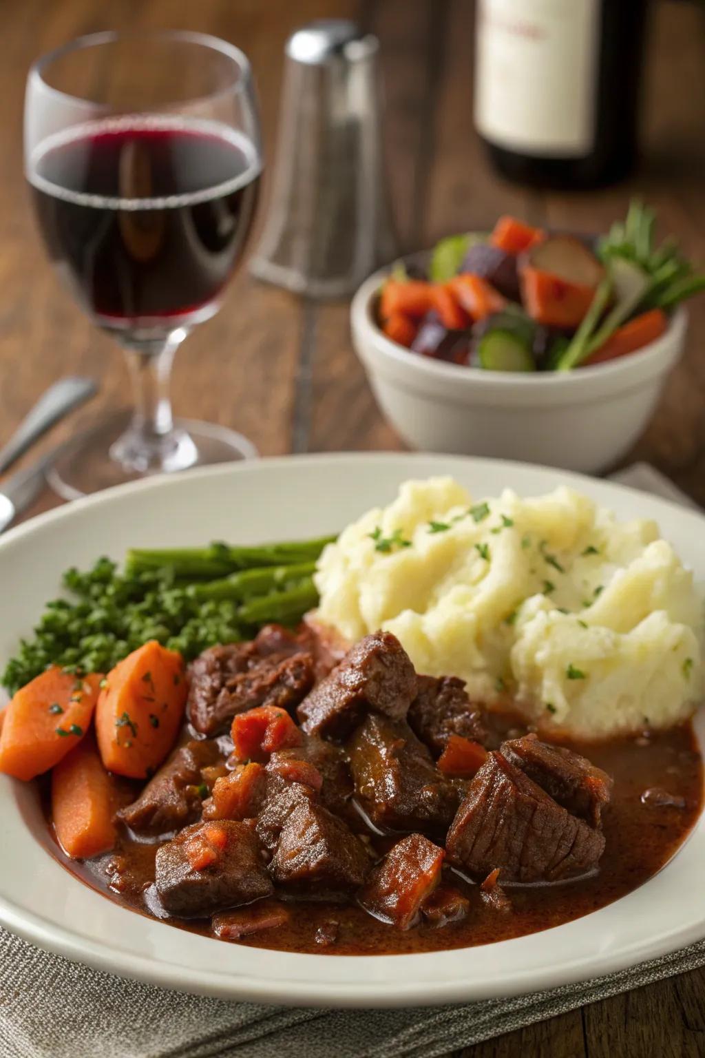A comforting wine simmered beef, effortlessly prepared in a slow cooker for a stress-free New Year's Day.