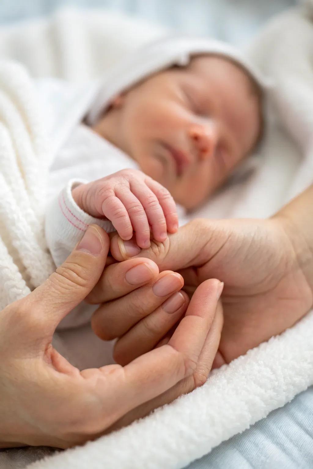 A poignant moment captured with parental hands cradling the newborn.