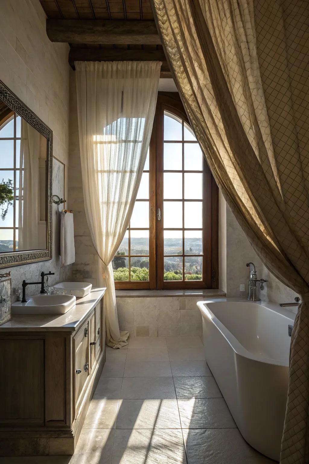 Elegant drapery that adds a dramatic touch to a bathroom.