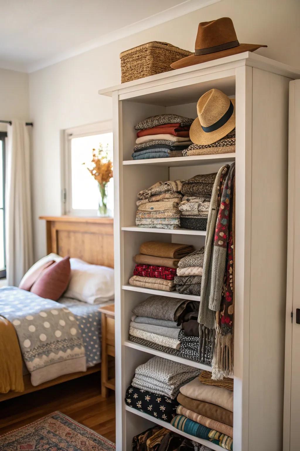 Bookshelves extend adaptable storage solutions.