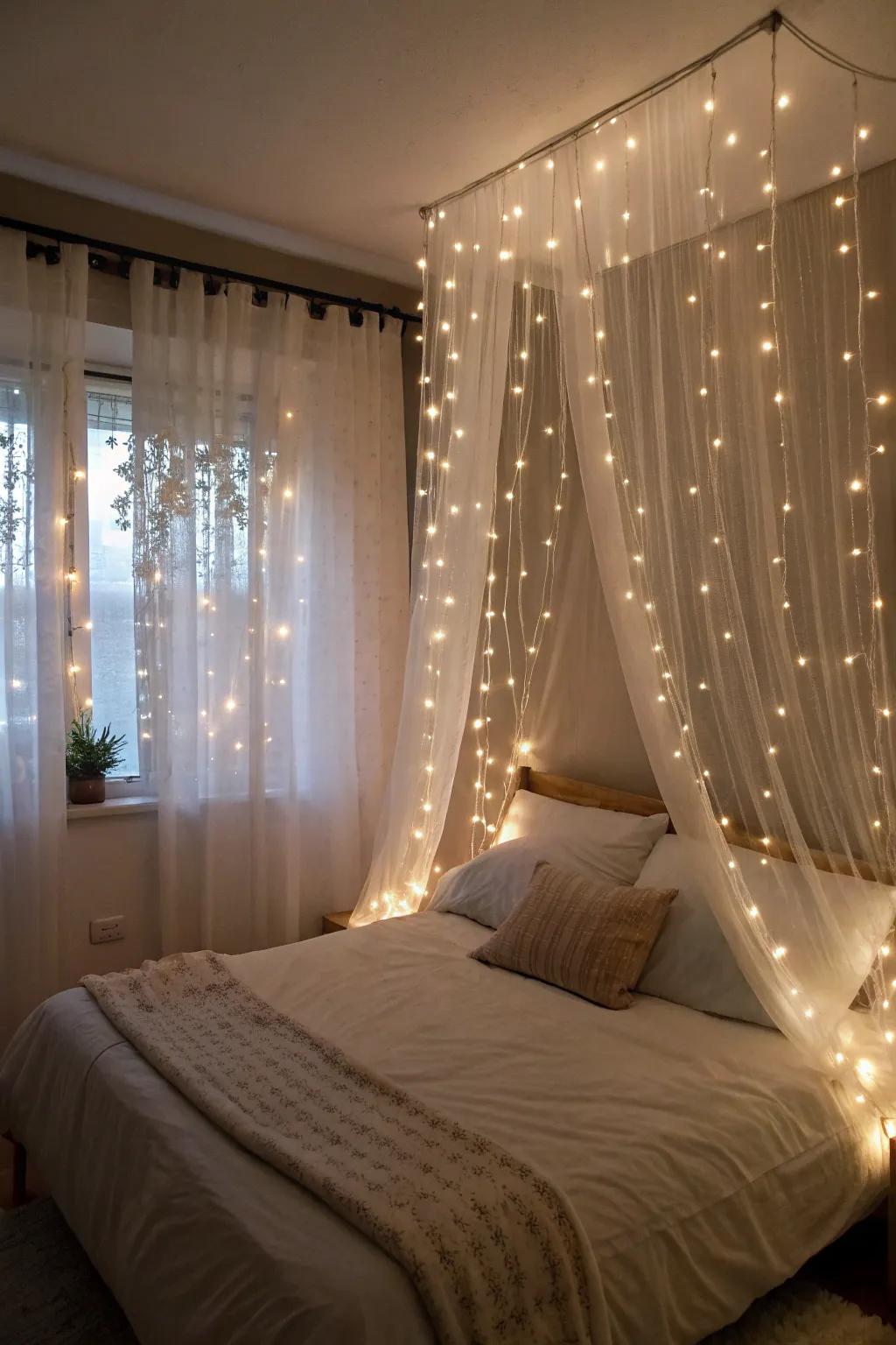 Sheer fabric and fairy lights combine to create a dreamy, soft glow.