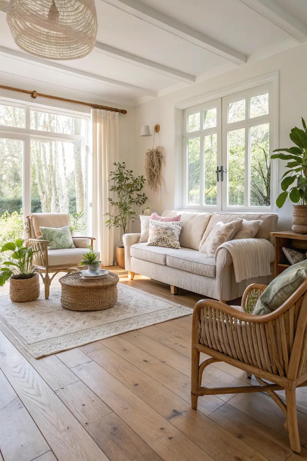 Light and airy decor complements oak flooring beautifully.