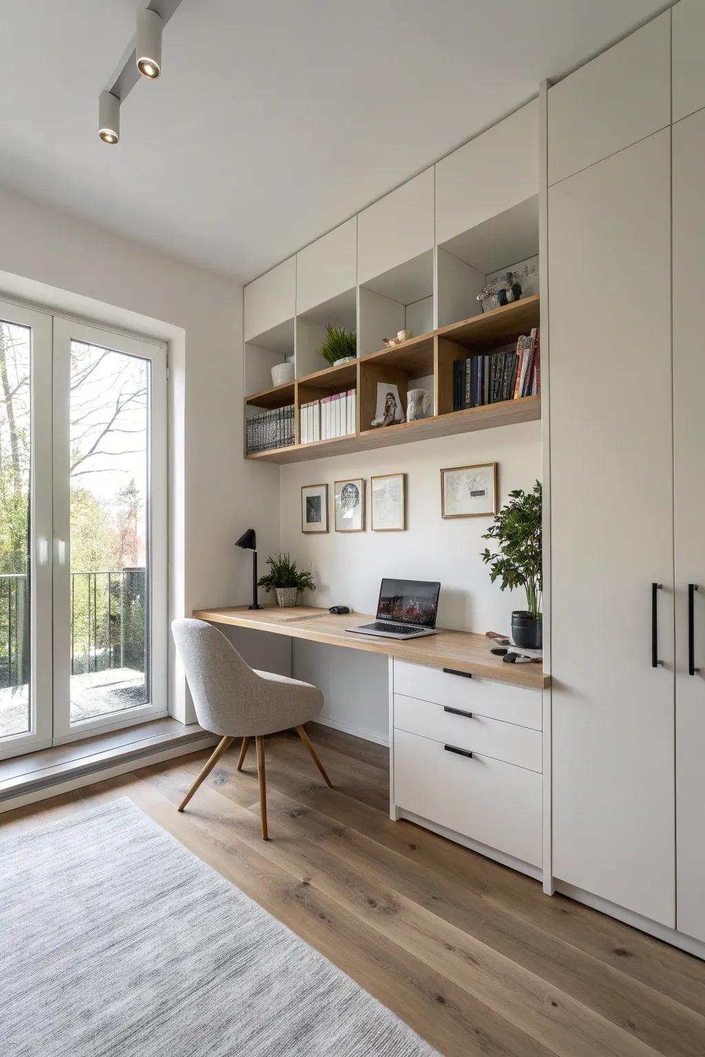 Achieve a contemporary aesthetic through the utilization of hanging cabinets.