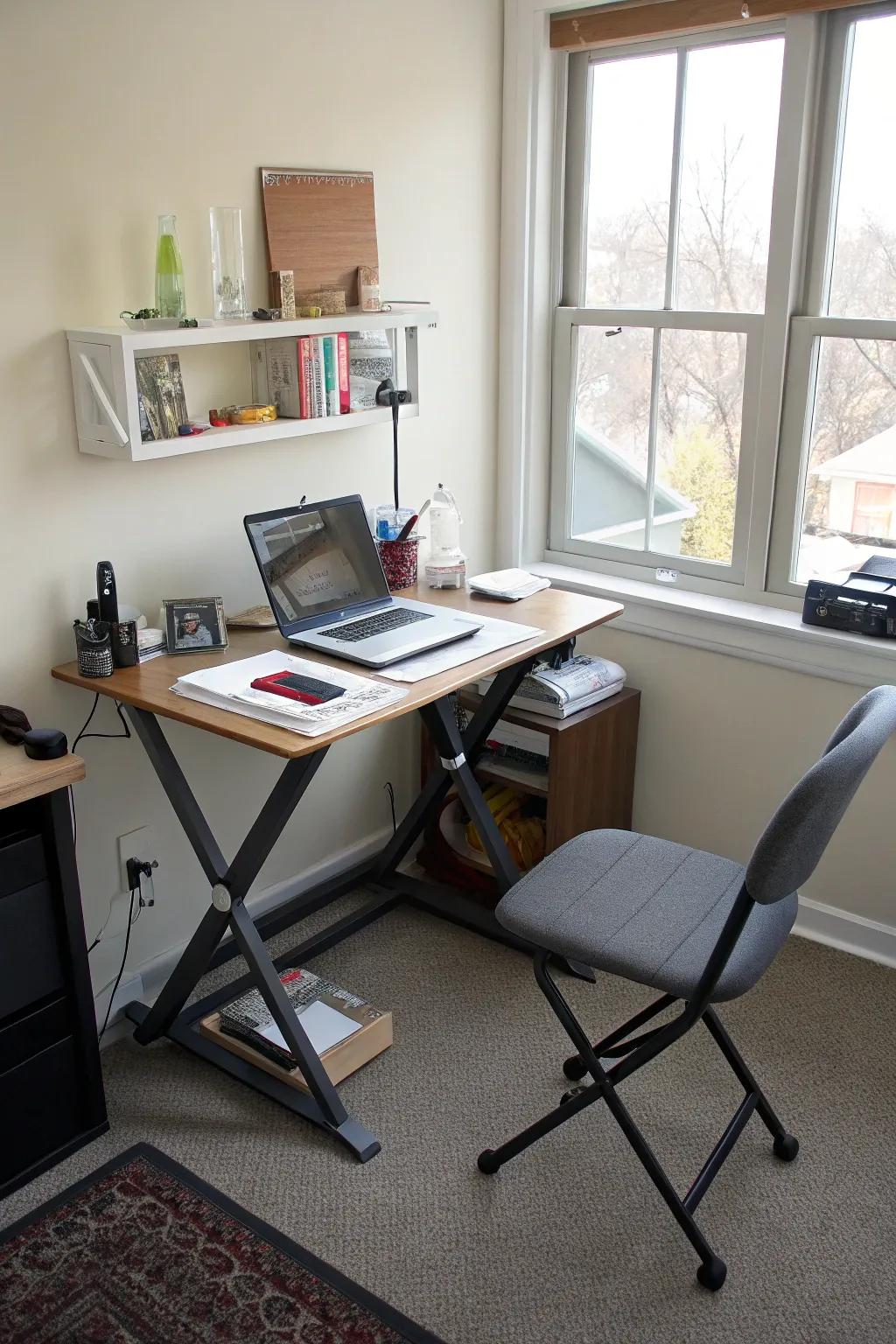 Alternate between sitting and standing postures with an adjustable work surface.