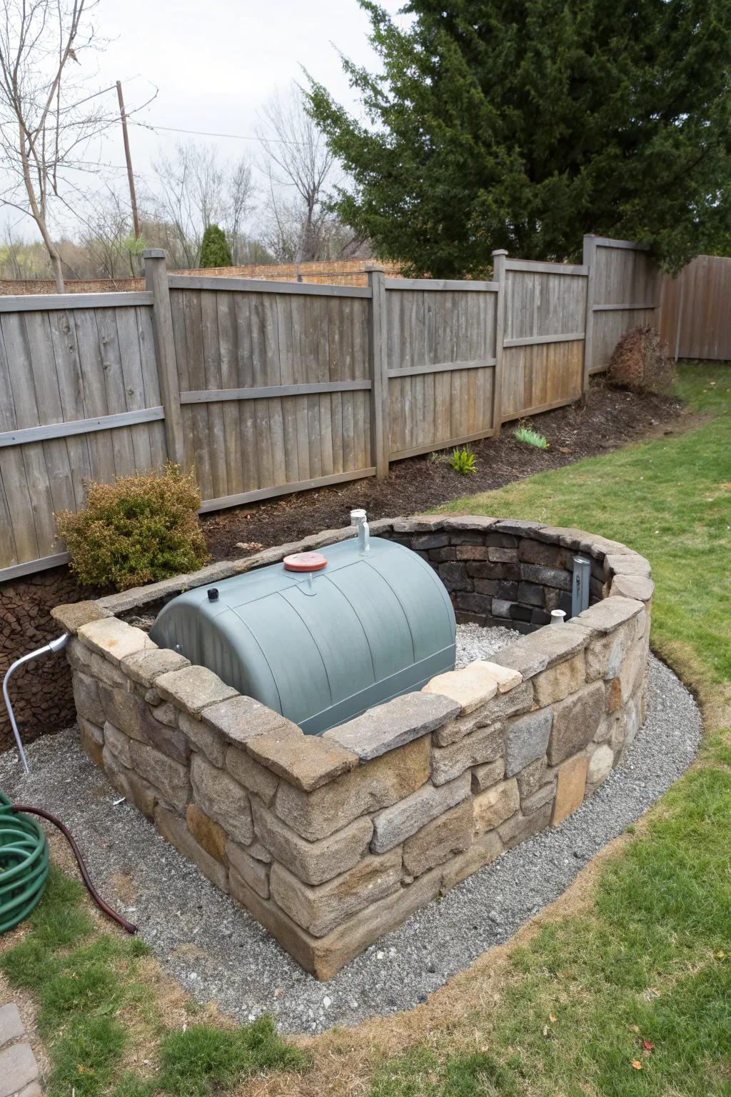 A sturdy stone wall elegantly concealing a fuel container.