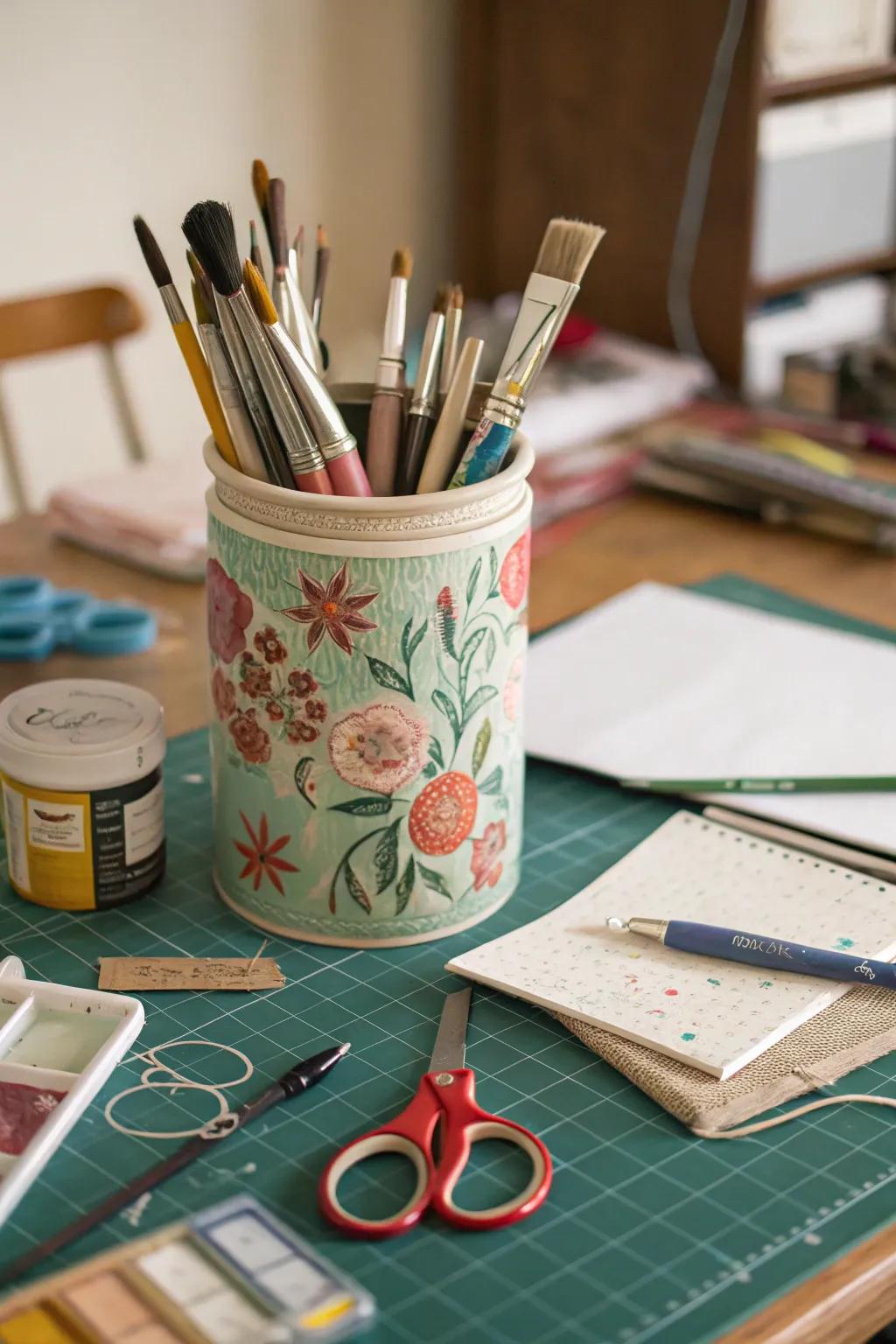 Organize your crafting implements with vintage earthenware flair.