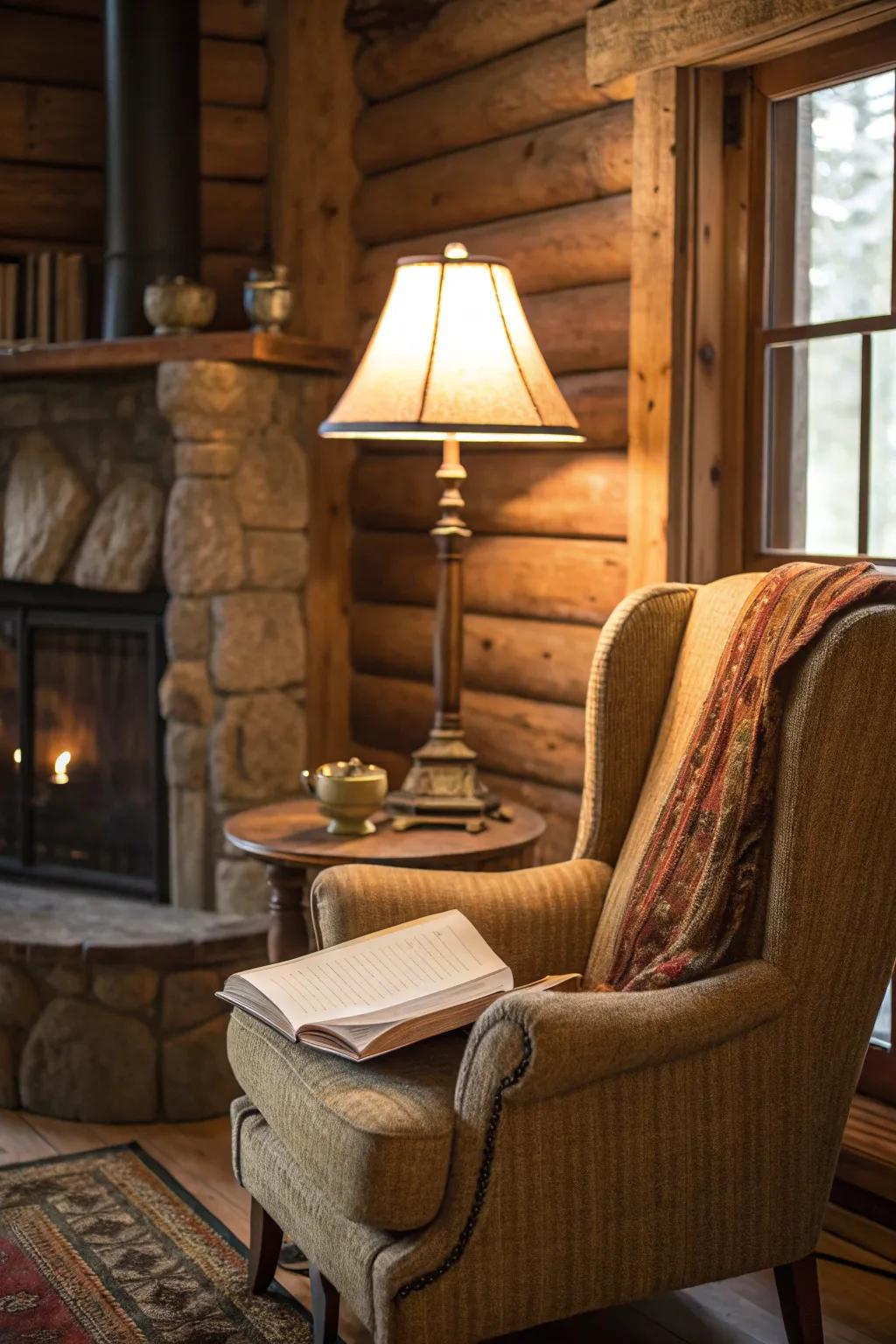 A comfortable reading corner in a lodge featuring a comfortable armchair and lamp.