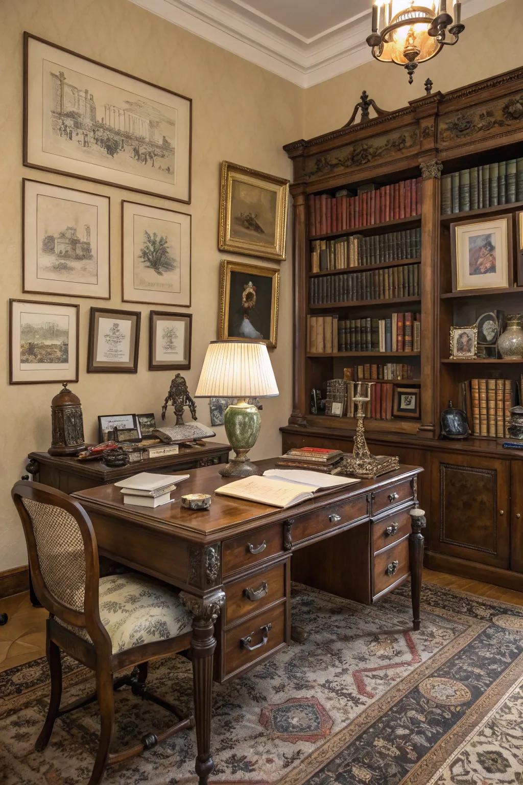 A striking feature via an antique writing table