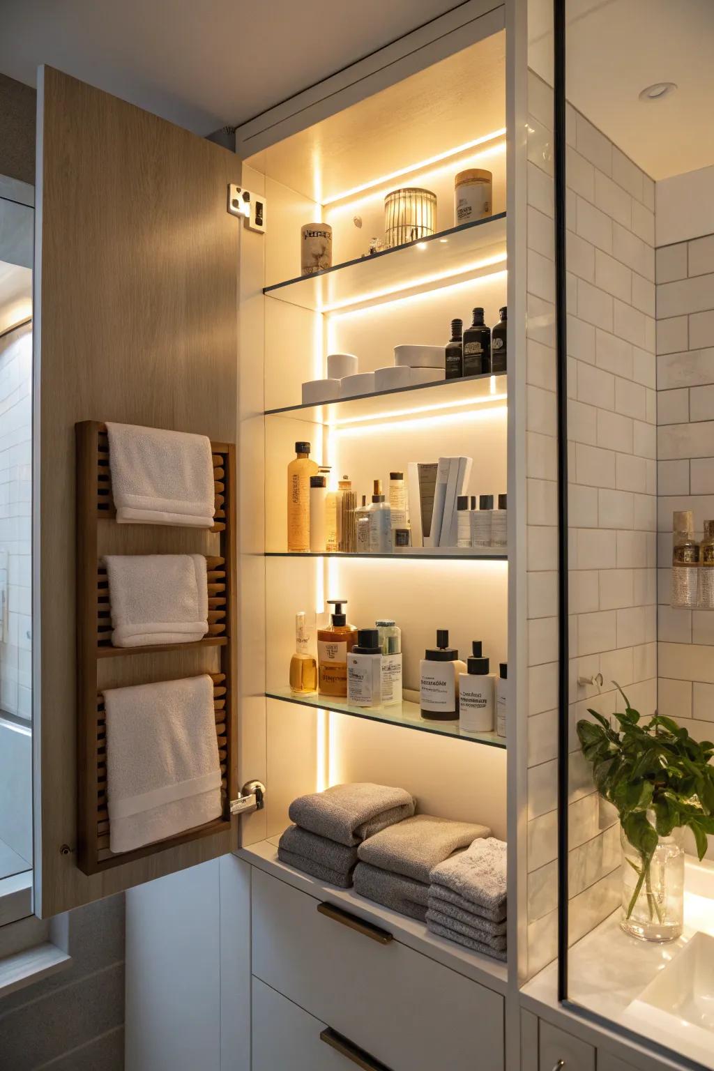 Concealed lighting highlights the beauty of open bathroom shelves.