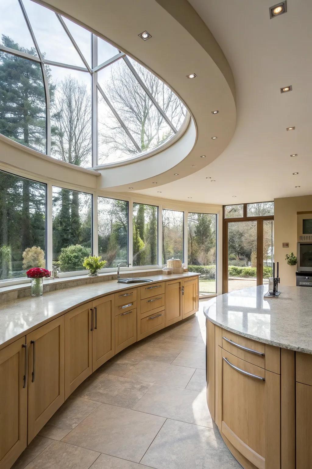 Curved elements introduce a soft elegance to the kitchen design.