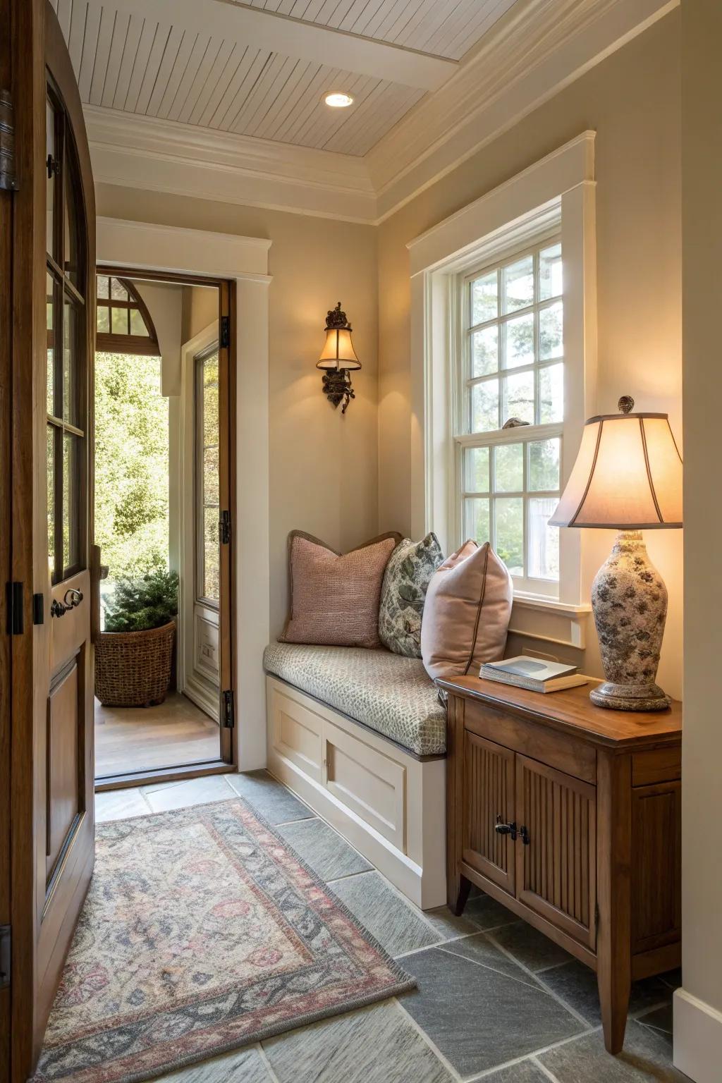 Seated corners inside entryways bid relaxation and warmth.
