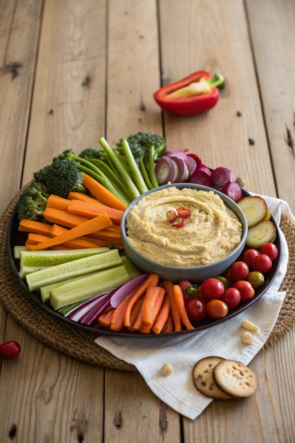 Hummus with veggies provides a healthy and colorful snack choice.