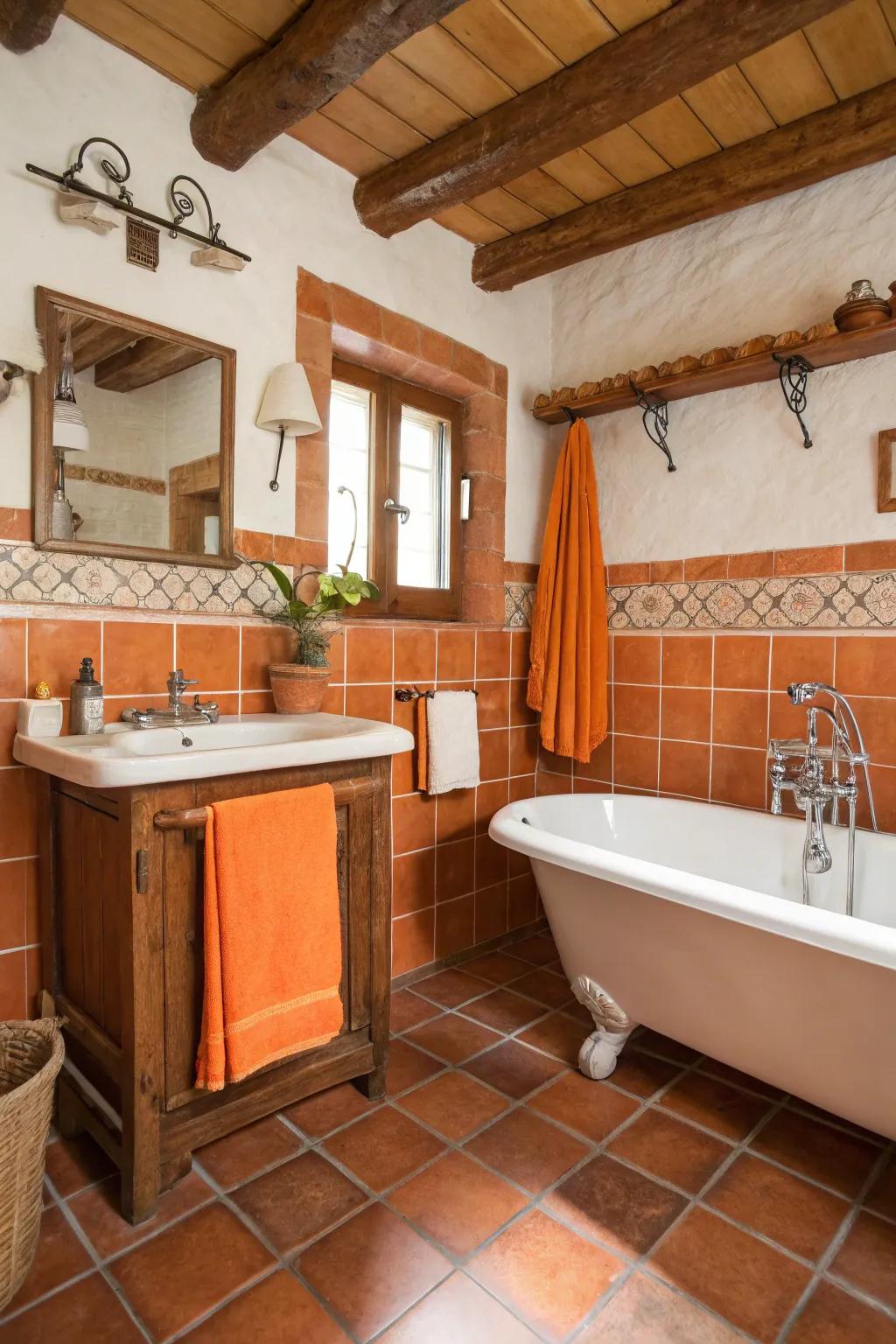 A rustic bathroom enhanced by terracotta tiles and orange accents.