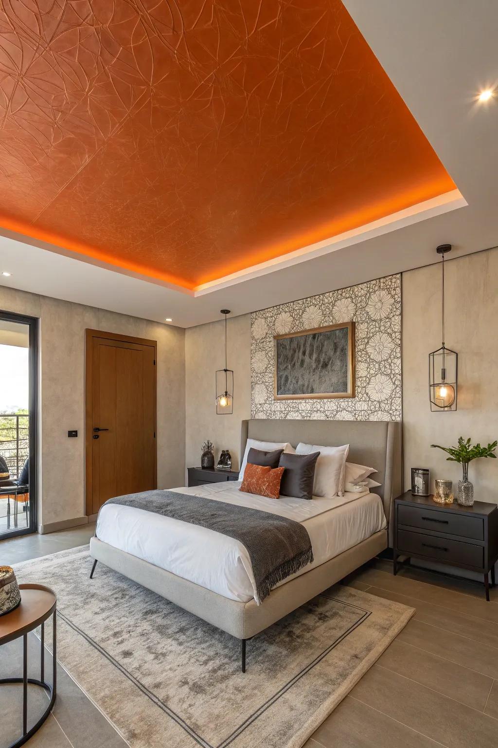 An orange ceiling adds a bold and unexpected twist.