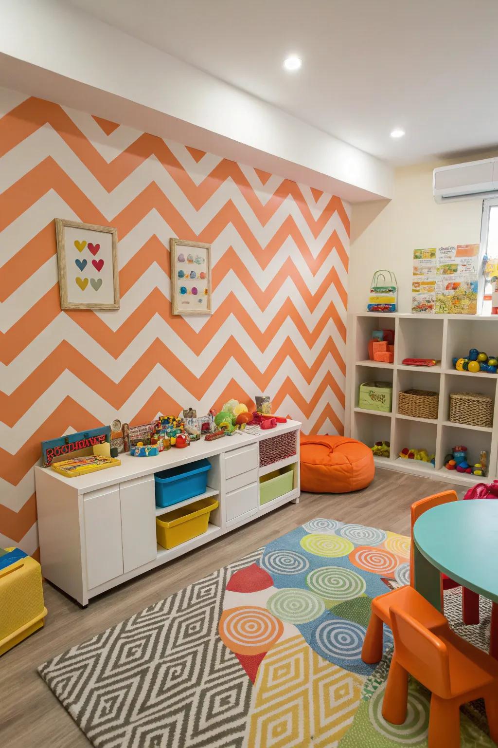 A playroom bursting with dynamism thanks to its tangerine and ivory chevron walls.