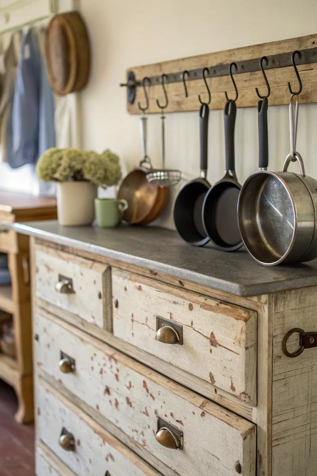 An old dresser creatively repurposed for pot and pan storage.