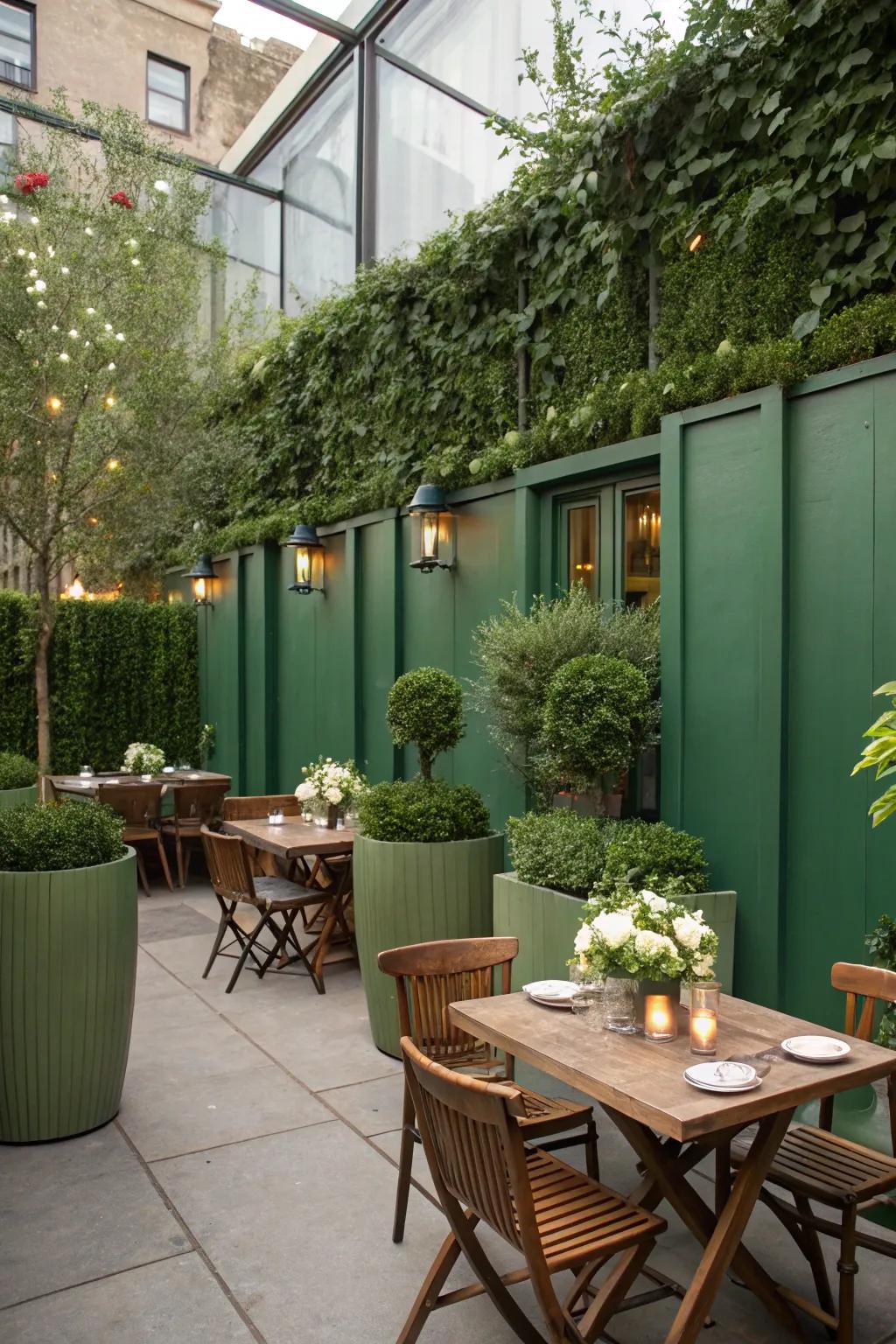 A secluded alfresco feasting area adorned with opulent verdant walls.